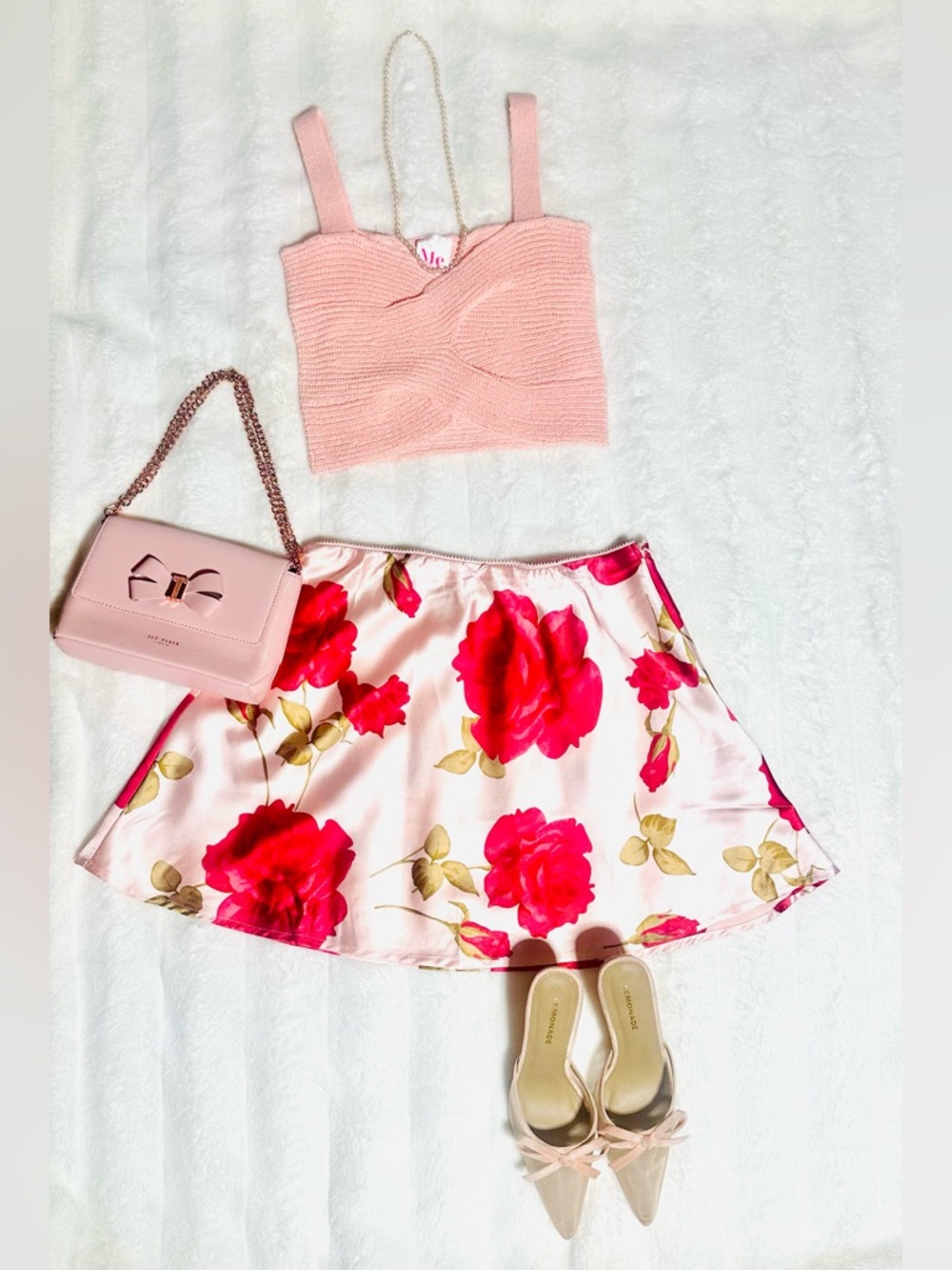 Floral Pink Satin A-Line Skirt - Pink Floral